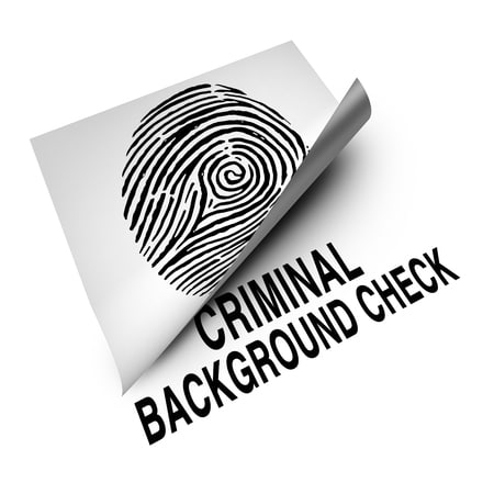 criminal background check concept and employment screening of potential candidates to verify with a police analysis any hidden history of crime as a lifted paper with an identity fingerprint revealing text