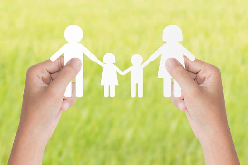 hand hold family model over green background
