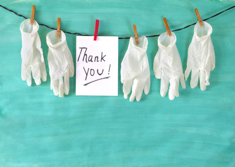 medical gloves and the message Thank you