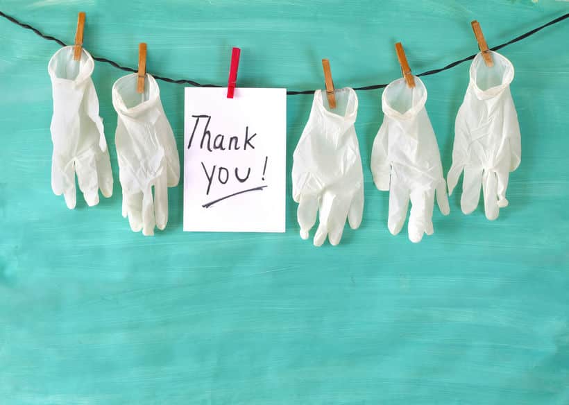 medical gloves and the message Thank you