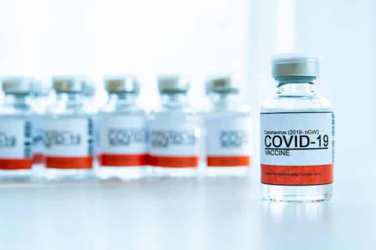 Coronavirus - 2019-nCoV or COVID-19 vaccine bottles for injection use only. Urgent vaccine research and production use in COVID-19 - Coronavirus disease. COVID-19 vaccine close up with copyspace.